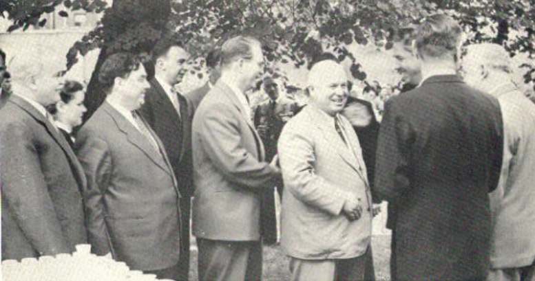 From left: Molotov, Malenkov, Peruvkin, Khrushchev, Shepilov and Bulganin, Bohlen facing them.