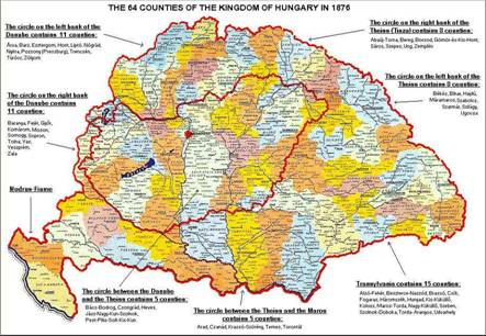 a történelmi Magyarország 64 vármegyéjét és a trianoni „gúnyhatárt” szemlélhetjük.