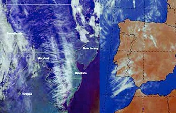 A műholdfelvételeken szokatlan cikkcakk minták láthatók az USA felett (balra) és Nyugat-Európa (jobbra) egy része felett
