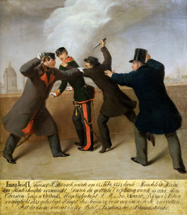 Libényi János merényletet kísérel meg Ferenc József ellen, 1853. február 18-án (Egykorú színezett kőnyomat)