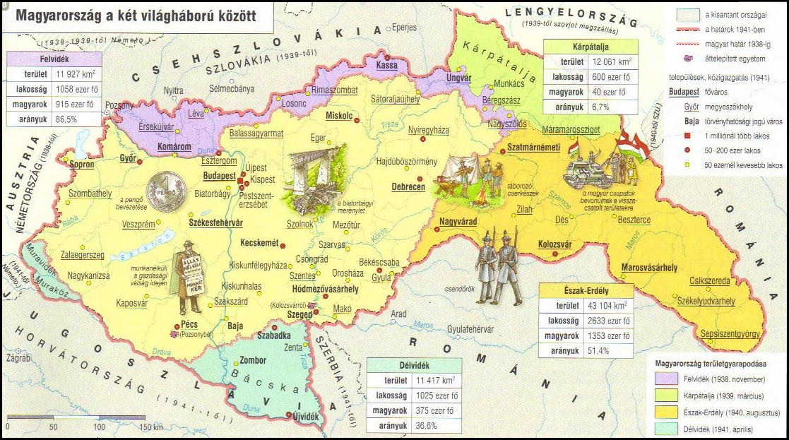 Az 1938-41: Az I. és II. Bécsi egyezmény alapján visszacsatolt területek.